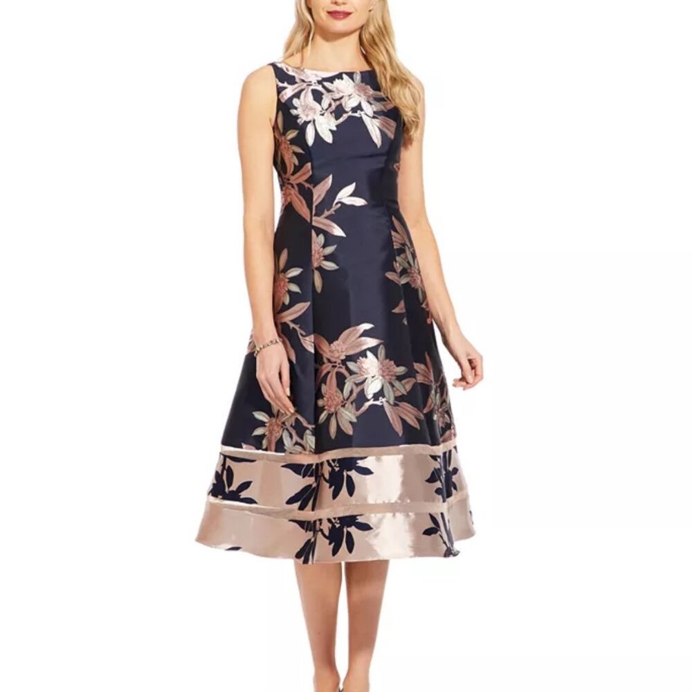 Adrianna Papell  Navy & Pink Textured Print A-Line Dress Size 10 Sleeveless
